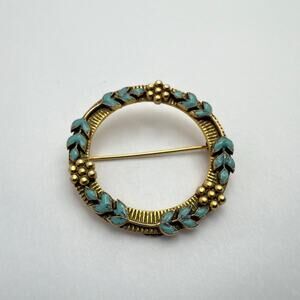 Vintage 1950s Freirich Etruscan Revival Wreath Brooch Turquoise Enamel Pin